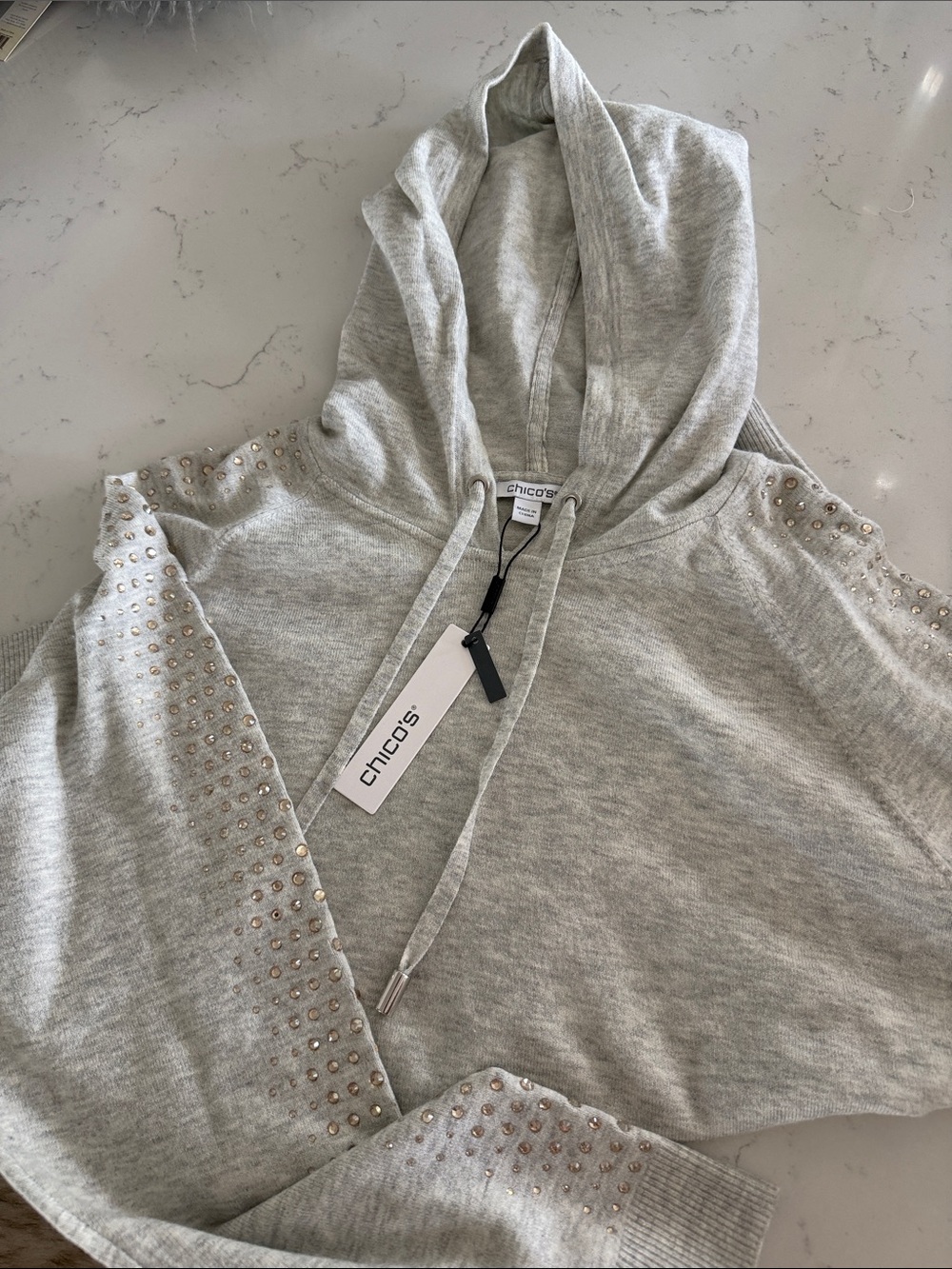 Chico's Light Gray Hoodie with Sparkle Stud Sleeve Detail Zenergy Luxe